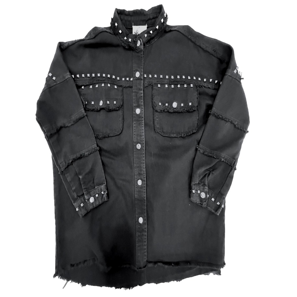 Fantastic Fawn Womens Denim Jacket S Black Goth Indie Grunge Metal Studs Raw Hem - Picture 2 of 7